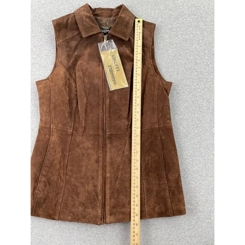 VTG 90s Dennis Basso Leather Vest Womens S Chocolate Brown Full Zip Suede Jacket